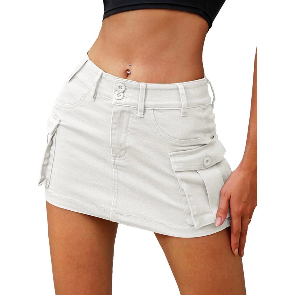 White Stretch Cargo Mini Skirt Size Medium Y2K Festival Pockets Elleven NEW